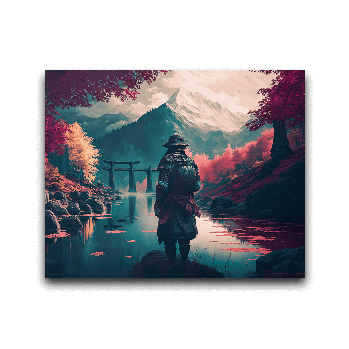 Glossy Metal Print | Samurai on the River Mountain background