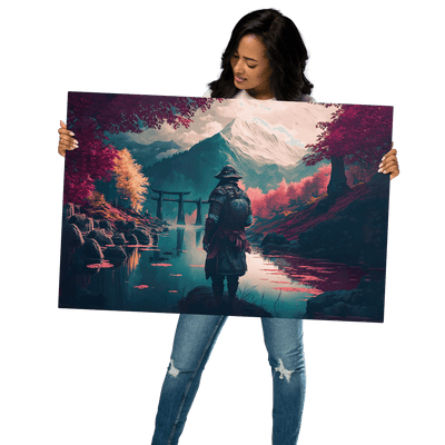Glossy Metal Print | Samurai on the River Mountain background