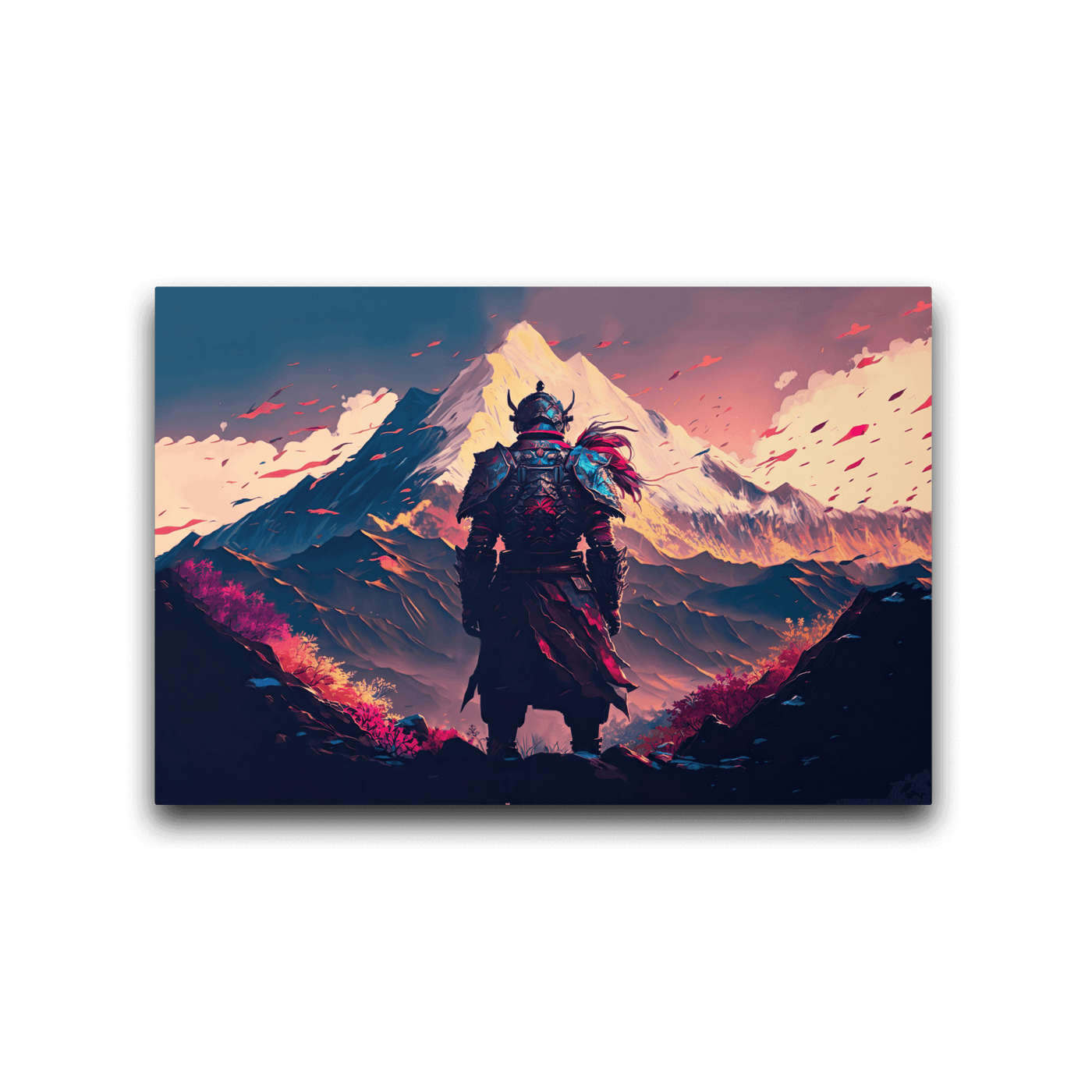 Glossy Metal Print | Samurai standing infront of beautiful Mountains