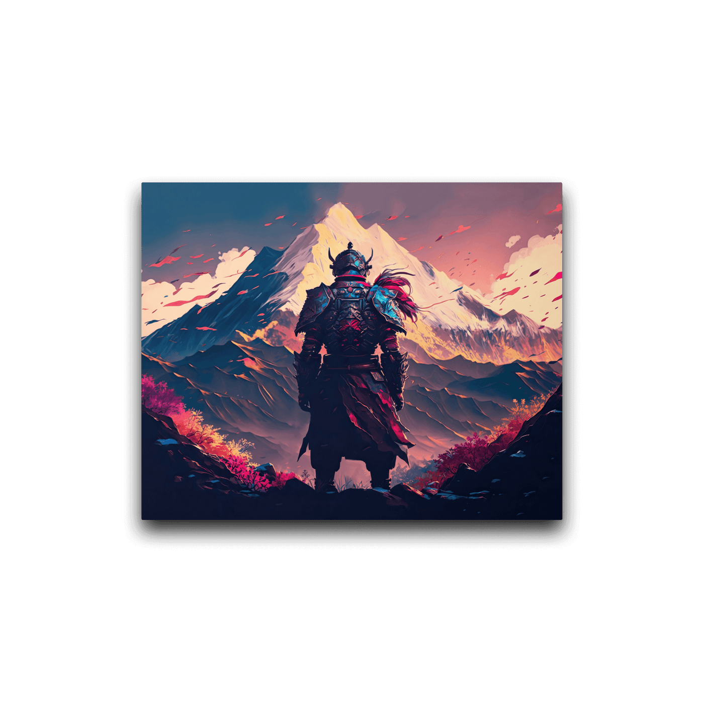 Glossy Metal Print | Samurai standing infront of beautiful Mountains