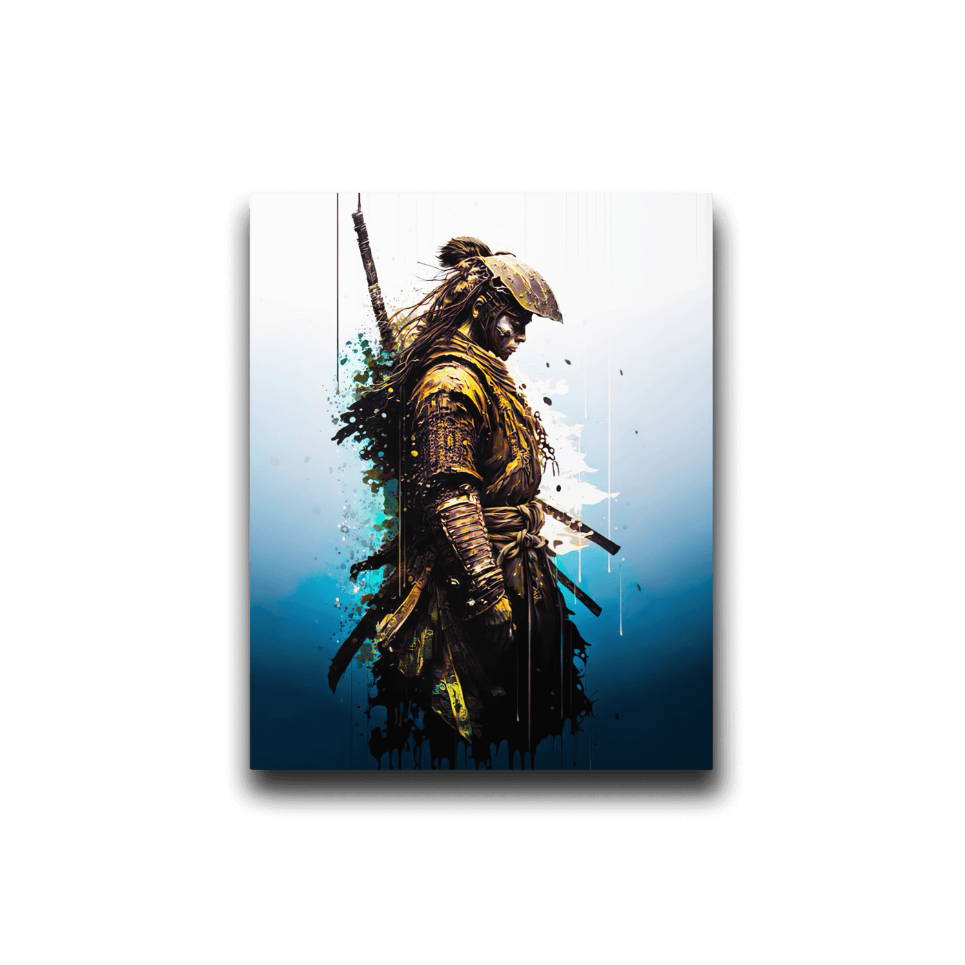 Glossy Metal Print | Golden Samurai on Blue Japanese Art