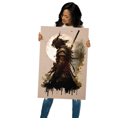 Glossy Metal Print | Samurai infront of Moon Brown Japanese Art