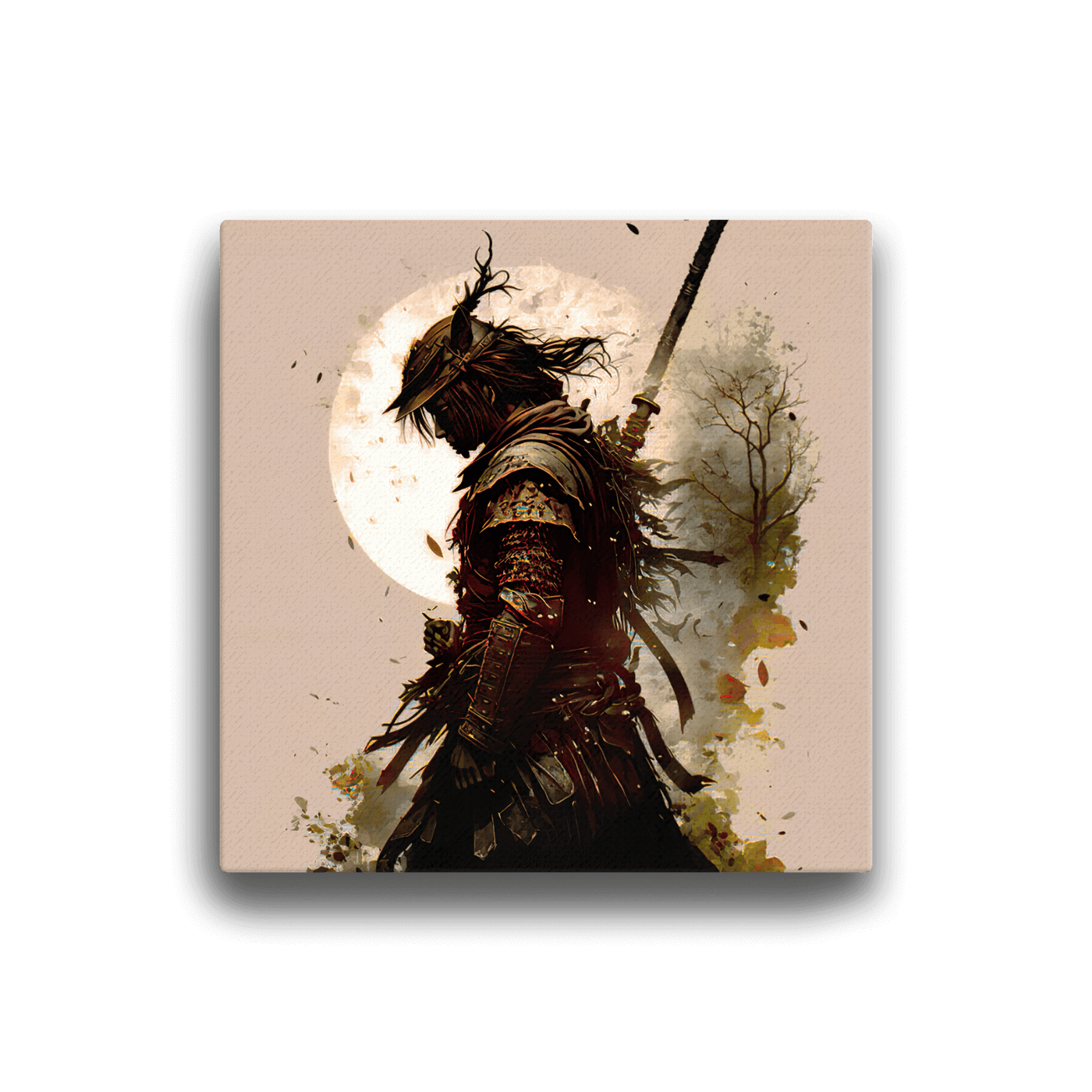 Thick Canvas | Samurai infront of Moon Brown Japanese Art