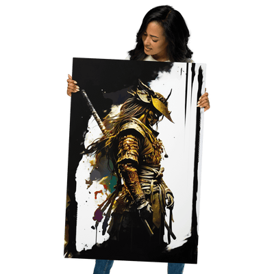 Glossy Metal Print | Golden Samurai Black and White Japanese Art