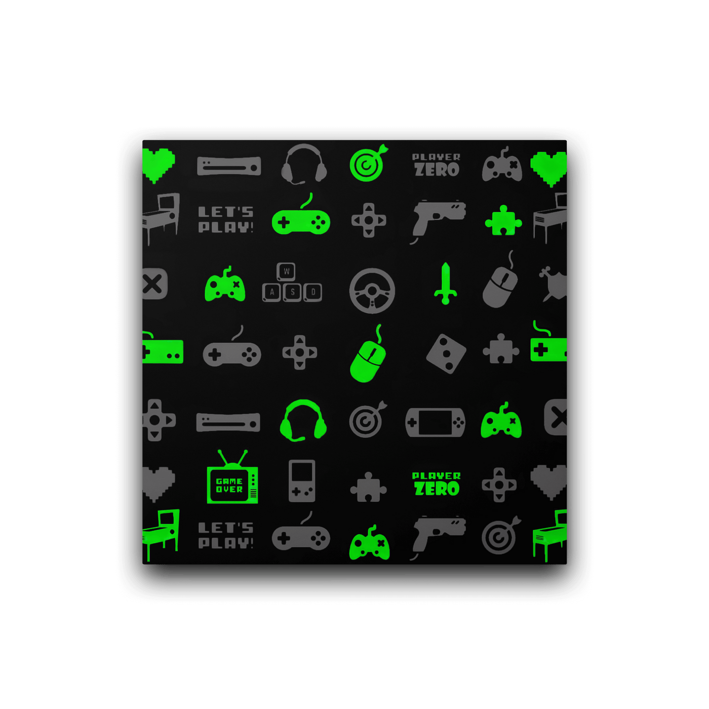 Glossy Metal Print | Luminous Green Gaming Icon Symbol Patterns