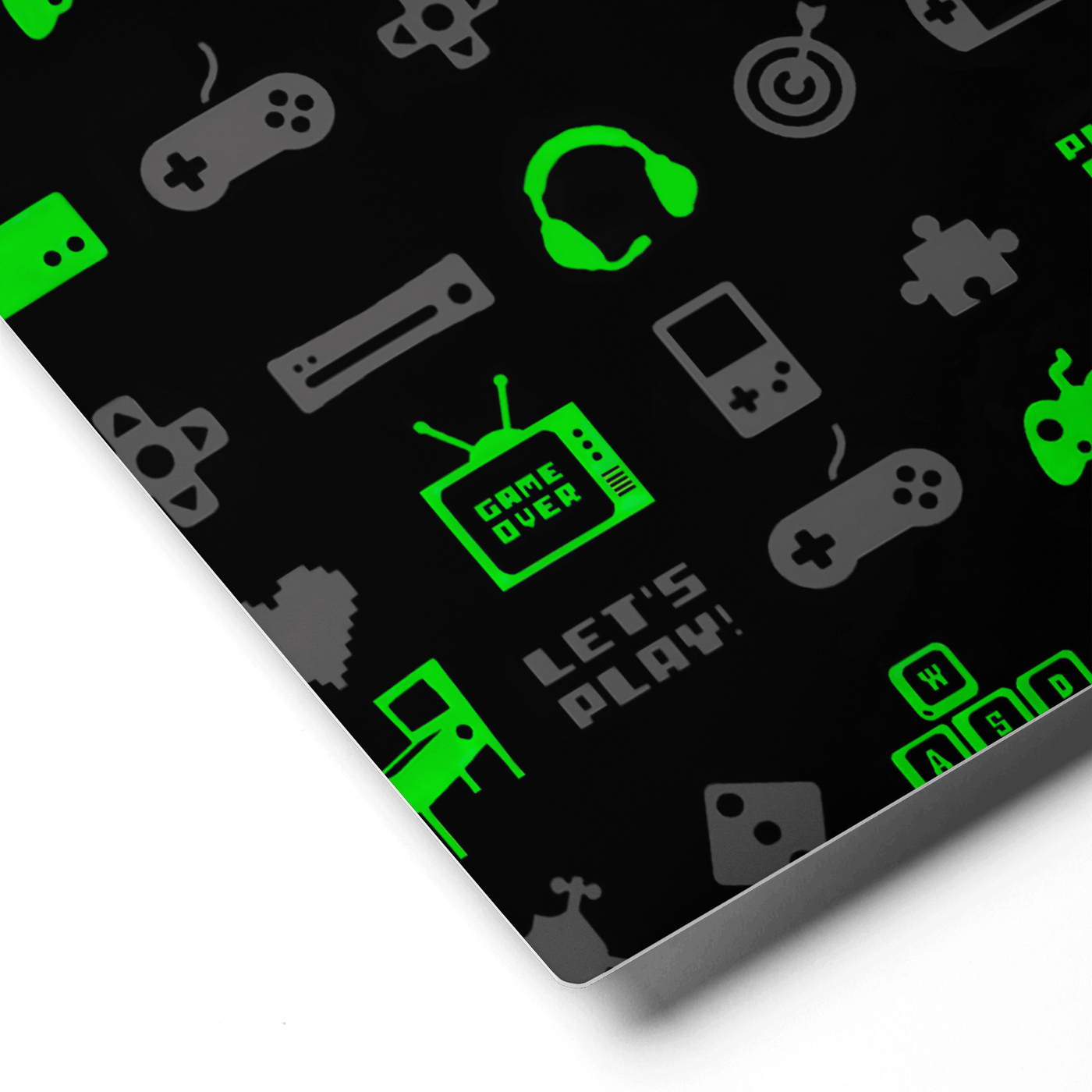 Glossy Metal Print | Luminous Green Gaming Icon Symbol Patterns