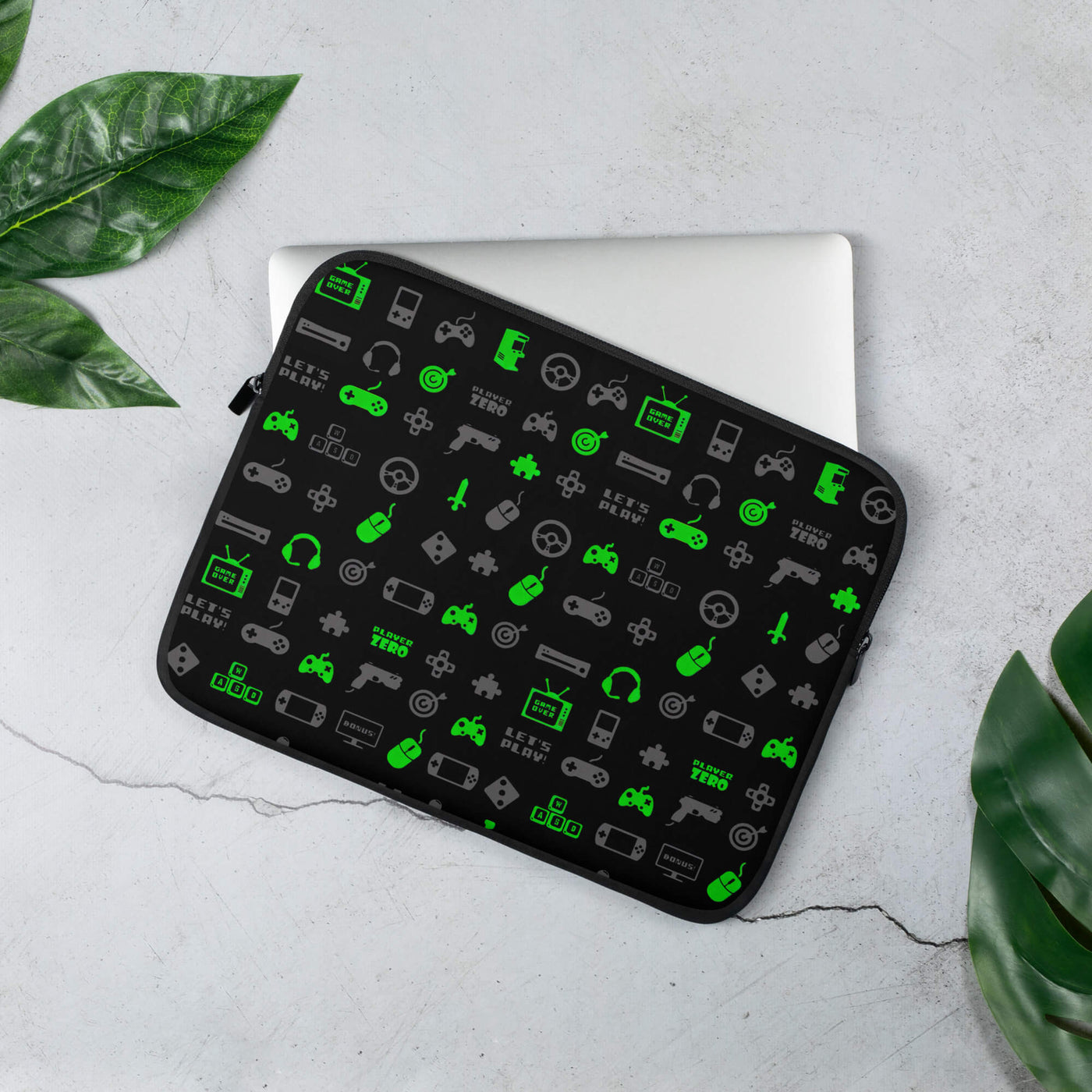 Stylish Laptop Sleeve | Luminous Green Gaming Icon Symbol Patterns